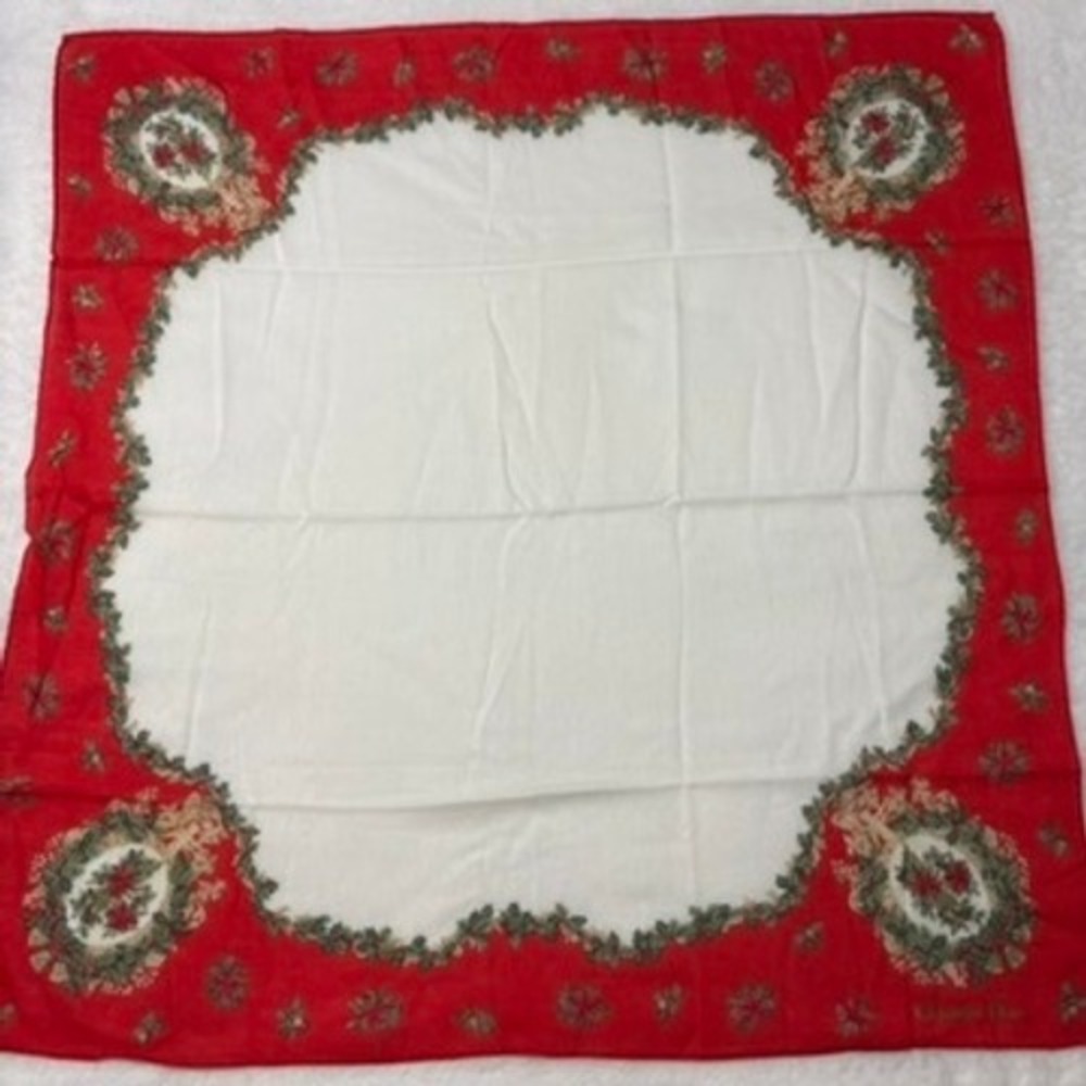 VTG CHRISTIAN DIOR Scarf Handkerchief Holly Poinsettia Wreath Red 19in